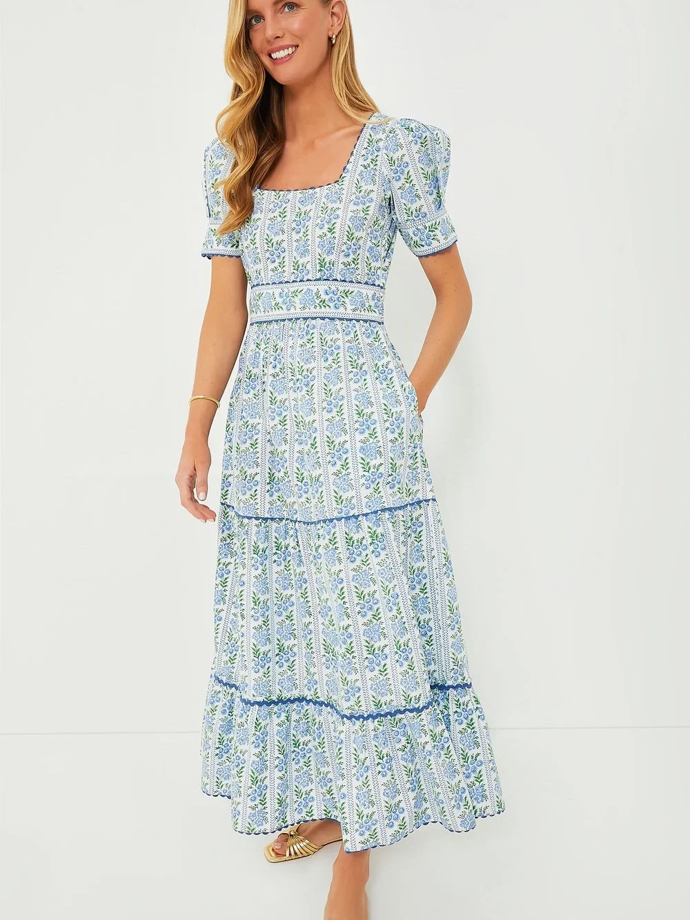 Pink City Prints Cotswolds Border Evelyn Dress Blue Floral Large - Picture 1 of 8